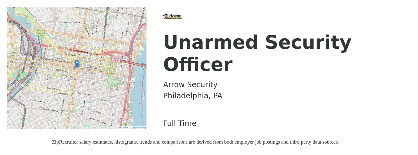 Arrow Security job posting for a Unarmed Security Officer in Philadelphia, PA with a salary of $16 to $19 Hourly with a map of Philadelphia location.