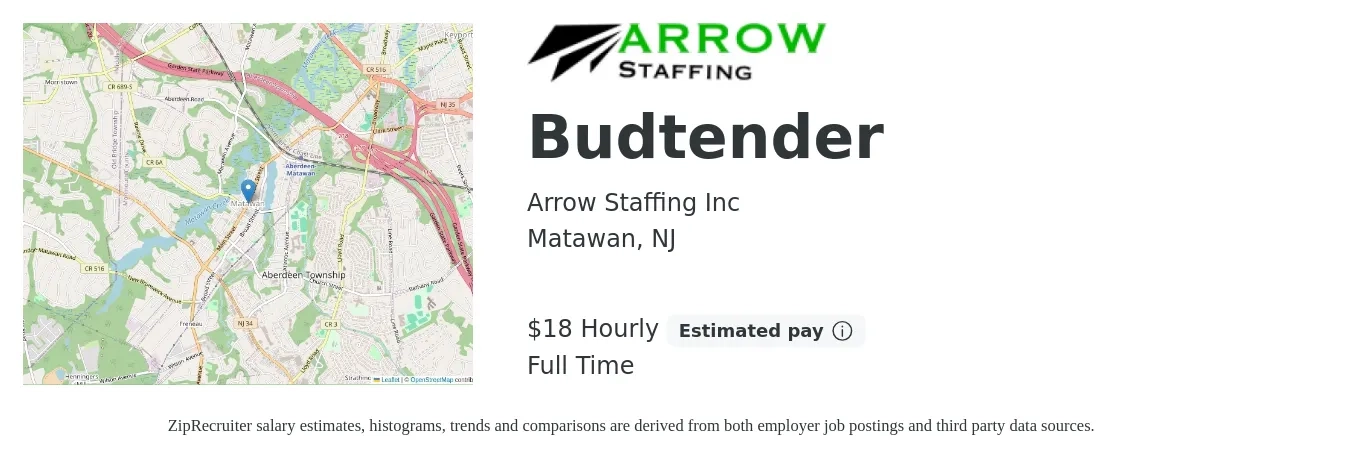 Arrow Staffing Inc job posting for a Budtender in Matawan, NJ with a salary of $19 Hourly and benefits including pto with a map of Matawan location.