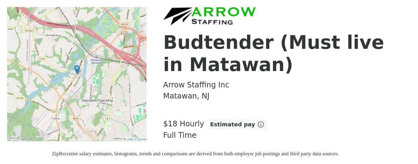 Arrow Staffing Inc job posting for a Budtender (Must live in Matawan) in Matawan, NJ with a salary of $19 Hourly and benefits including pto with a map of Matawan location.