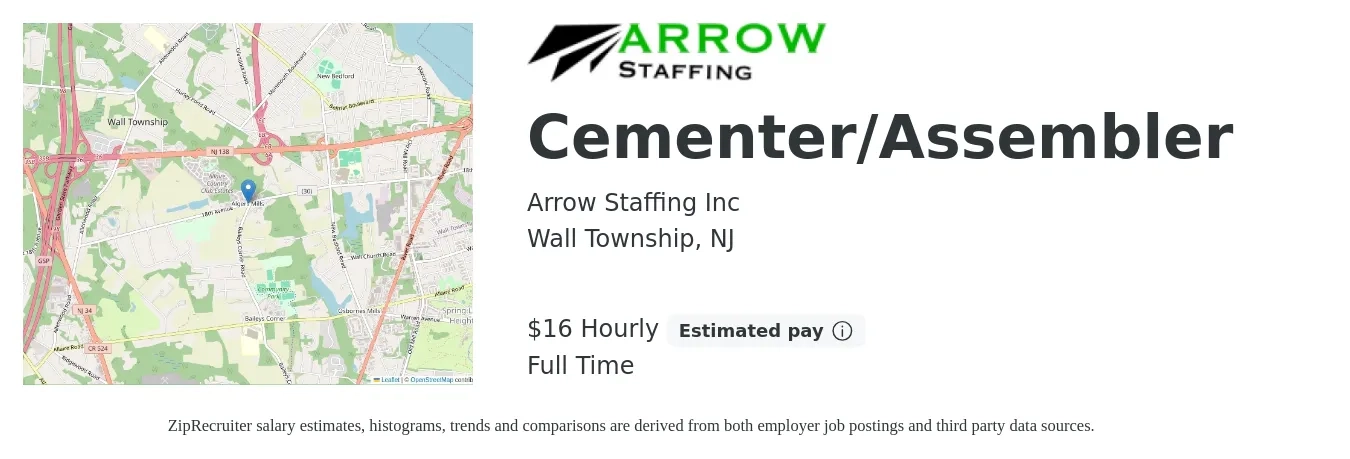 Arrow Staffing Inc job posting for a Cementer/Assembler in Wall Township, NJ with a salary of $17 to $18 Hourly with a map of Wall Township location.