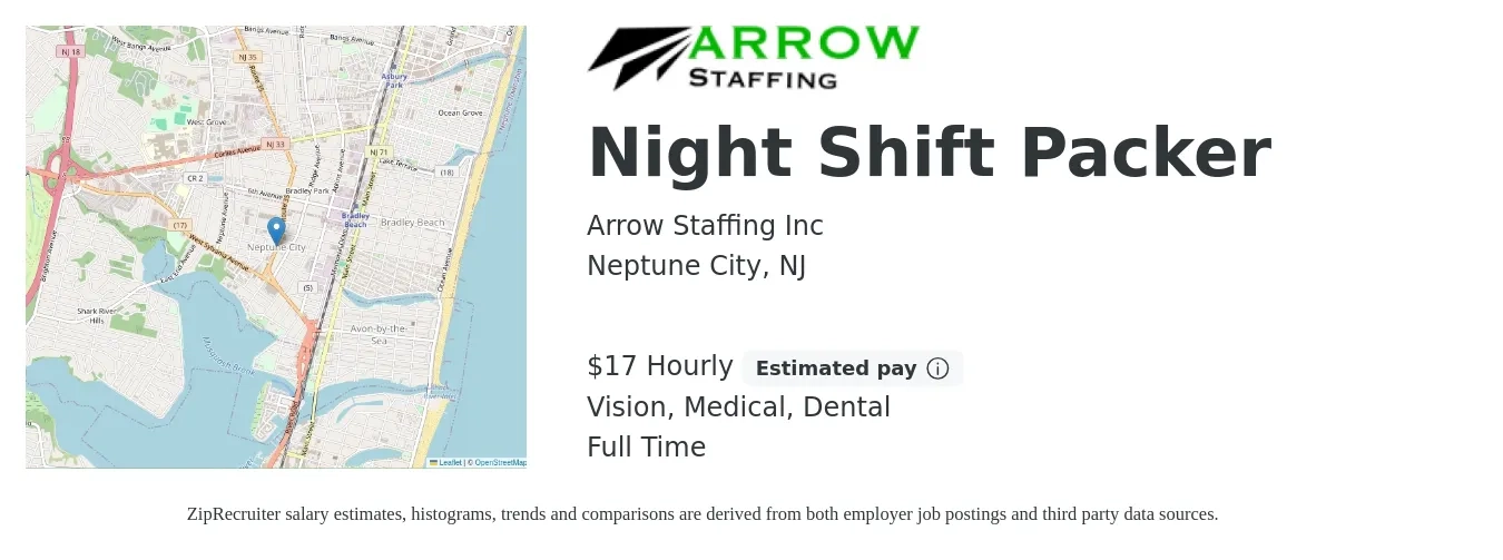 Arrow Staffing Inc job posting for a Night Shift Packer in Neptune City, NJ with a salary of $18 Hourly and benefits including pto, vision, dental, and medical with a map of Neptune City location.