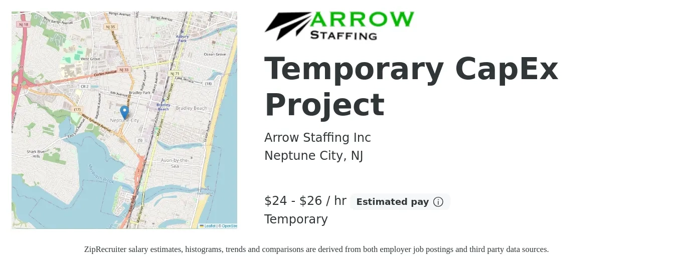Arrow Staffing Inc job posting for a Temporary CapEx Project in Neptune City, NJ with a salary of $25 to $28 Hourly with a map of Neptune City location.
