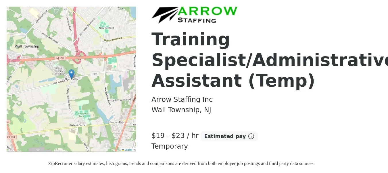 Arrow Staffing Inc job posting for a Training Specialist/Administrative Assistant (Temp) in Wall Township, NJ with a salary of $20 to $24 Hourly with a map of Wall Township location.