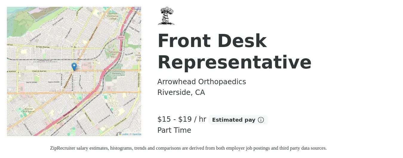 Arrowhead Orthopaedics job posting for a Front Desk Representative in Riverside, CA with a salary of $16 to $20 Hourly with a map of Riverside location.