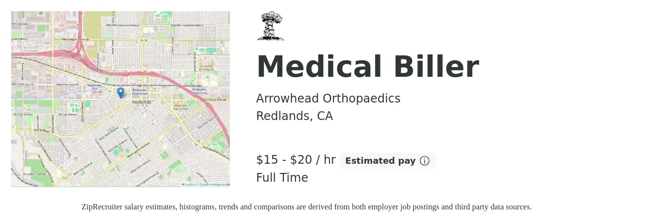 Arrowhead Orthopaedics job posting for a Medical Biller in Redlands, CA with a salary of $16 to $21 Hourly with a map of Redlands location.