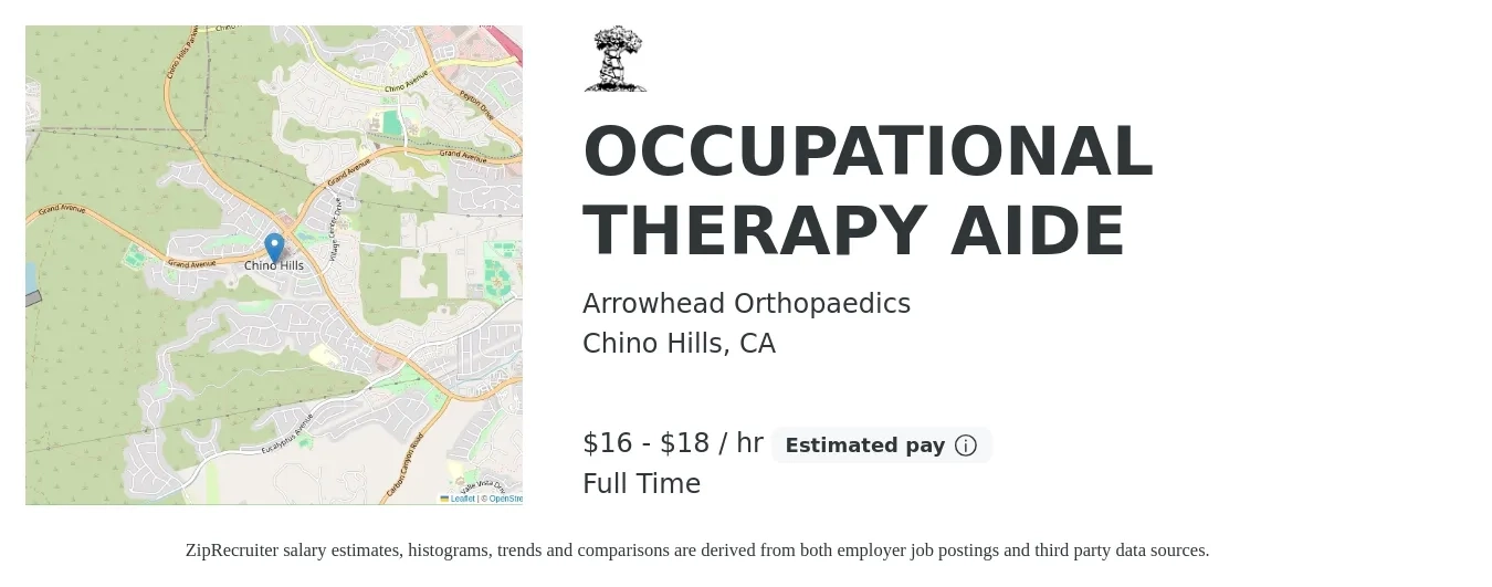 Arrowhead Orthopaedics job posting for a OCCUPATIONAL THERAPY AIDE in Chino Hills, CA with a salary of $17 to $19 Hourly with a map of Chino Hills location.