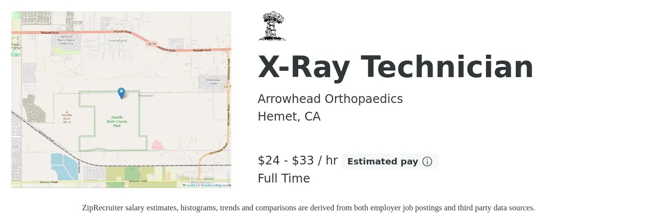 Arrowhead Orthopaedics job posting for a X-Ray Technician in Hemet, CA with a salary of $22 to $29 Hourly with a map of Hemet location.