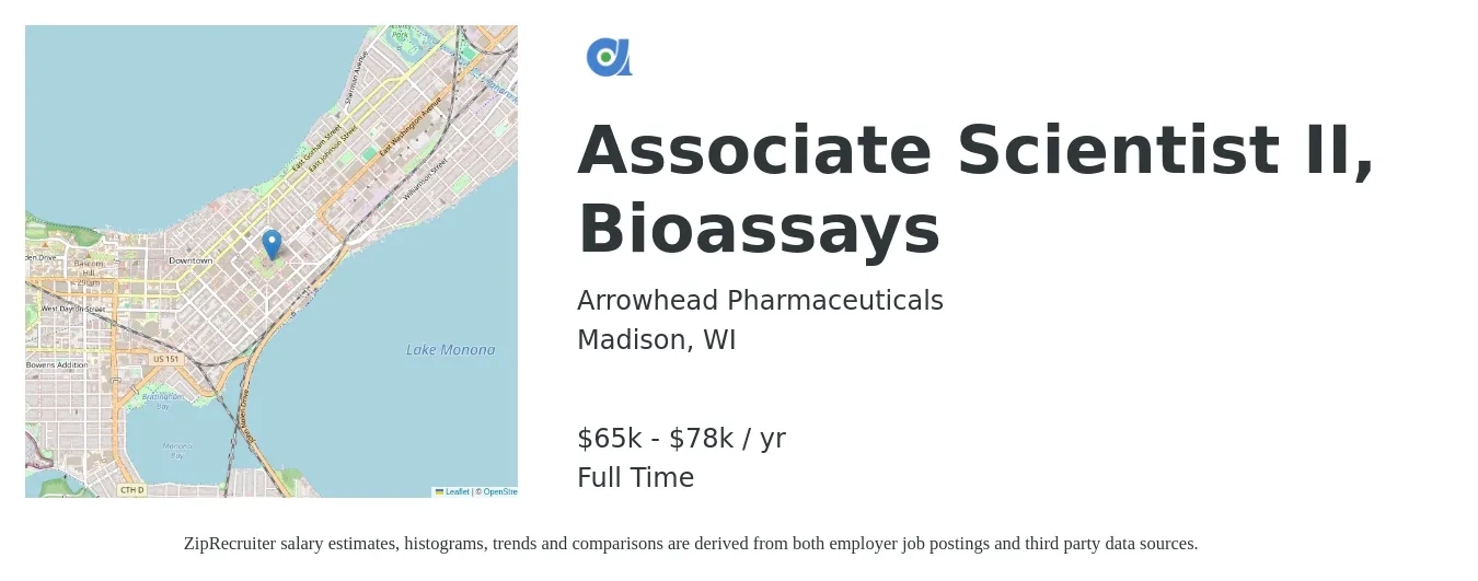 Arrowhead Pharmaceuticals job posting for a Associate Scientist II, Bioassays in Madison, WI with a salary of $65,000 to $78,000 Yearly with a map of Madison location.