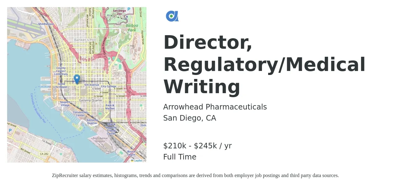 Arrowhead Pharmaceuticals job posting for a Director, Regulatory/Medical Writing in San Diego, CA with a salary of $210,000 to $245,000 Yearly with a map of San Diego location.