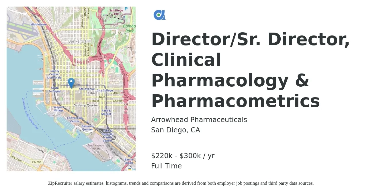 Arrowhead Pharmaceuticals job posting for a Director/Sr. Director, Clinical Pharmacology & Pharmacometrics in San Diego, CA with a salary of $220,000 to $300,000 Yearly with a map of San Diego location.