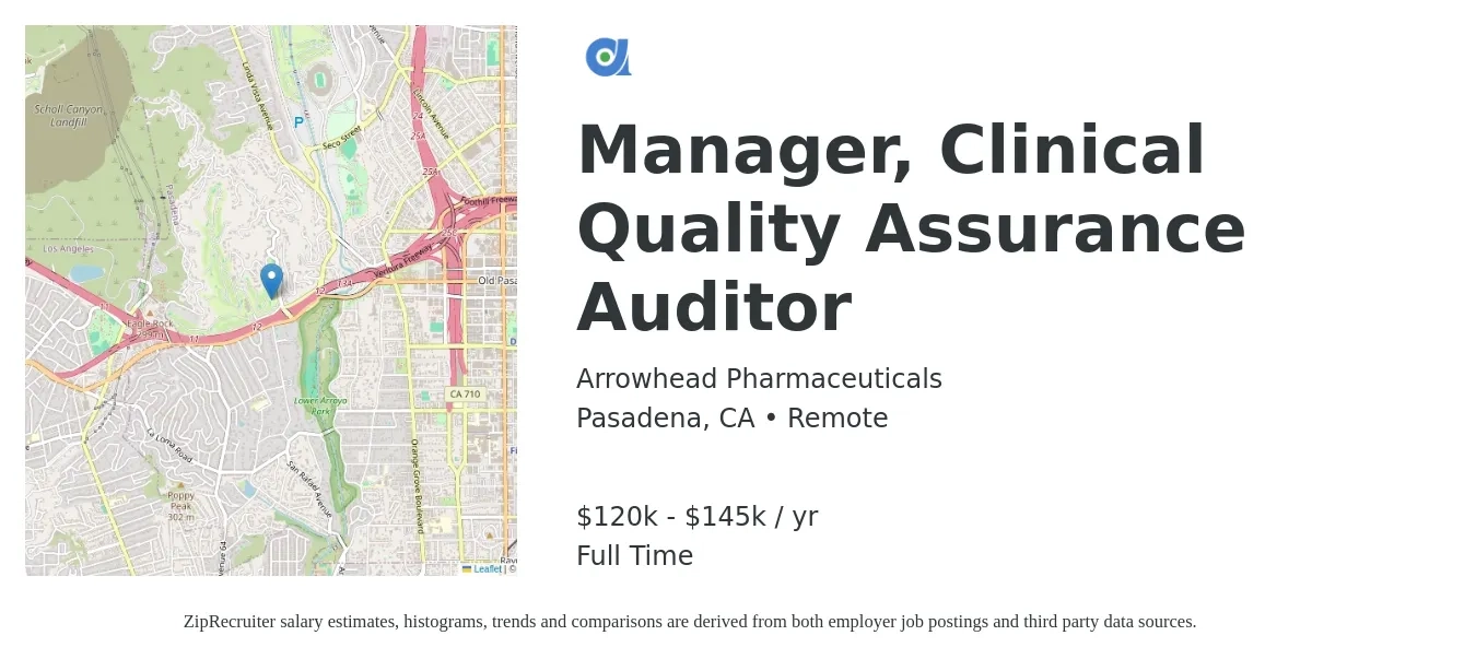 Arrowhead Pharmaceuticals job posting for a Manager, Clinical Quality Assurance Auditor in Pasadena, CA with a salary of $120,000 to $145,000 Yearly with a map of Pasadena location.