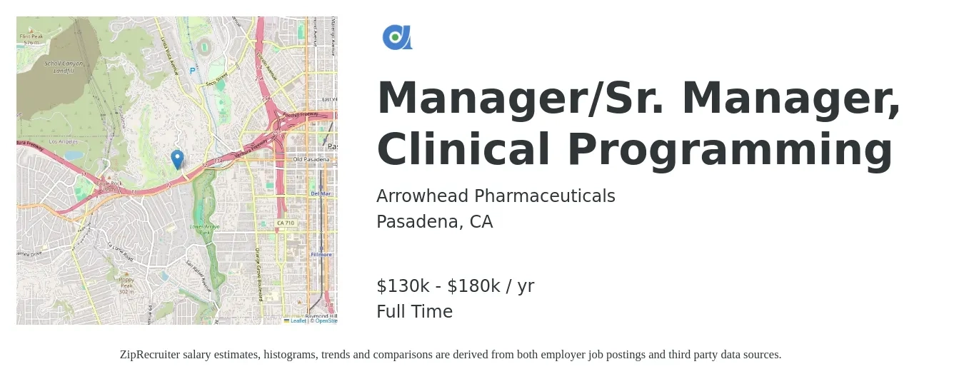 Arrowhead Pharmaceuticals job posting for a Manager/Sr. Manager, Clinical Programming in Pasadena, CA with a salary of $130,000 to $180,000 Yearly with a map of Pasadena location.
