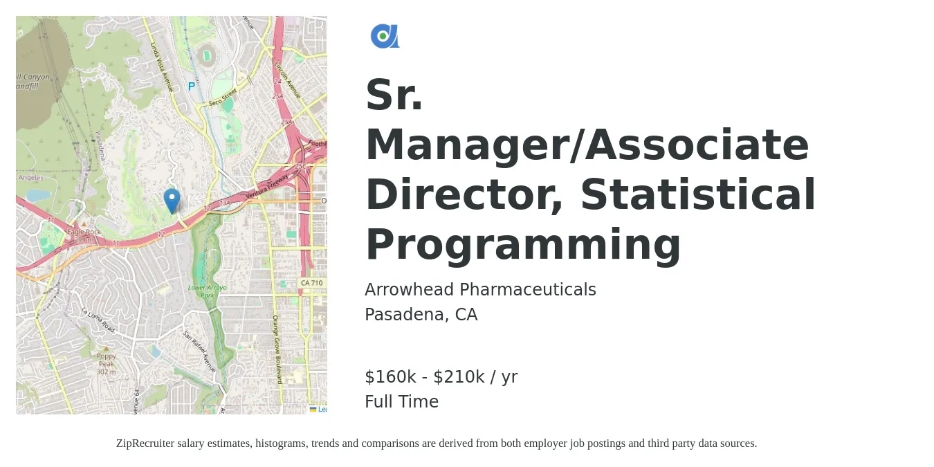 Arrowhead Pharmaceuticals job posting for a Sr. Manager/Associate Director, Statistical Programming in Pasadena, CA with a salary of $160,000 to $210,000 Yearly with a map of Pasadena location.