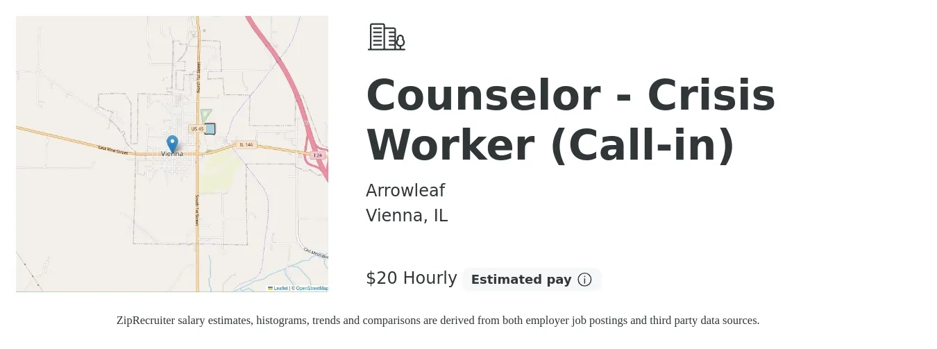 Arrowleaf job posting for a Counselor - Crisis Worker (Call-in) in Vienna, IL with a salary of $21 Hourly with a map of Vienna location.