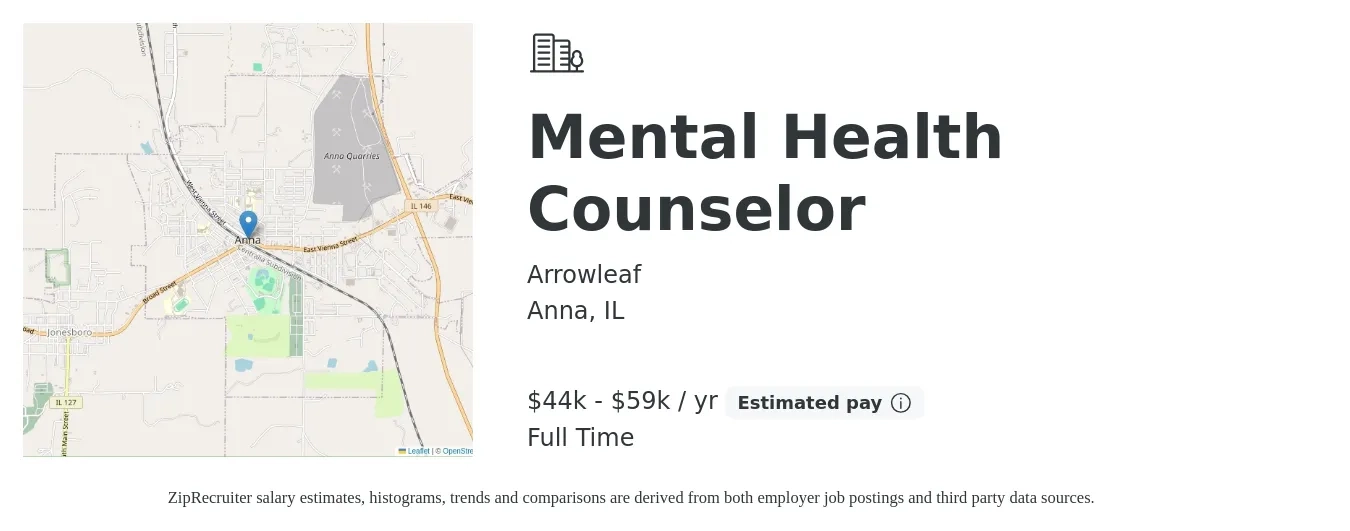 Arrowleaf job posting for a Mental Health Counselor in Anna, IL with a salary of $44,428 to $59,903 Yearly with a map of Anna location.