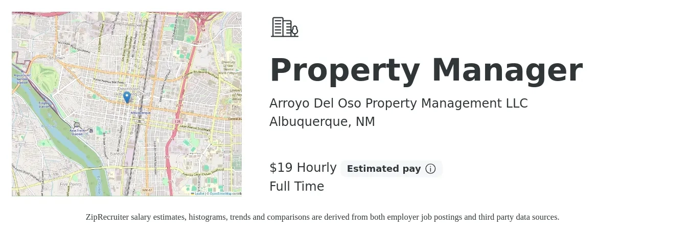 Arroyo Del Oso Property Management LLC job posting for a Property Manager in Albuquerque, NM with a salary of $20 Hourly with a map of Albuquerque location.
