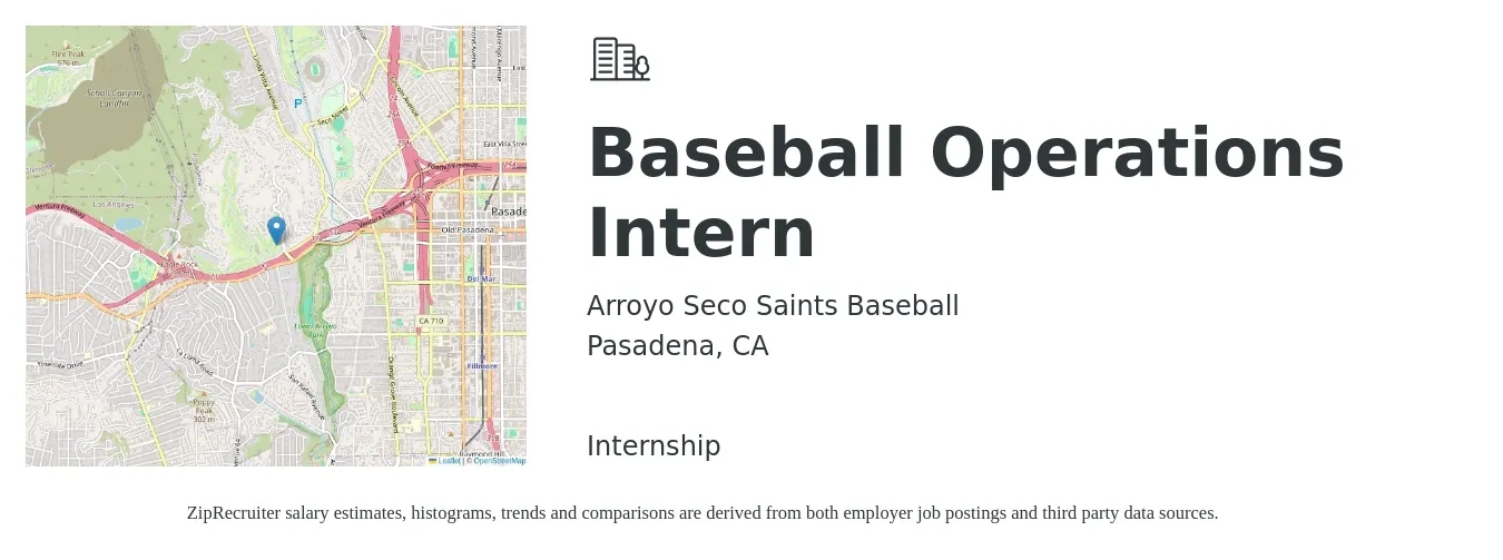 Arroyo Seco Saints Baseball job posting for a Baseball Operations Intern in Pasadena, CA with a salary of $17 to $22 Hourly with a map of Pasadena location.