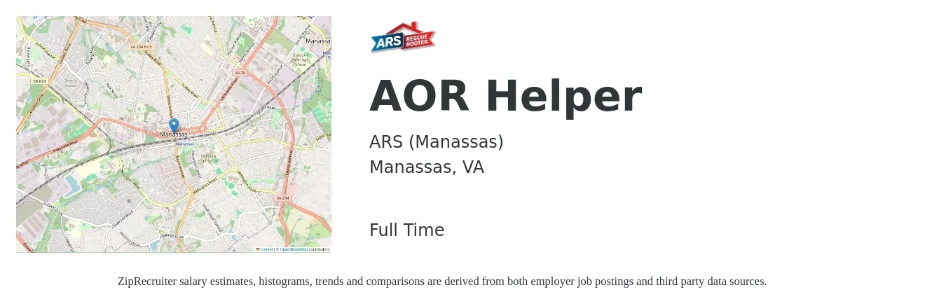 ARS (Manassas) job posting for a AOR Helper in Manassas, VA with a salary of $16 to $20 Hourly with a map of Manassas location.