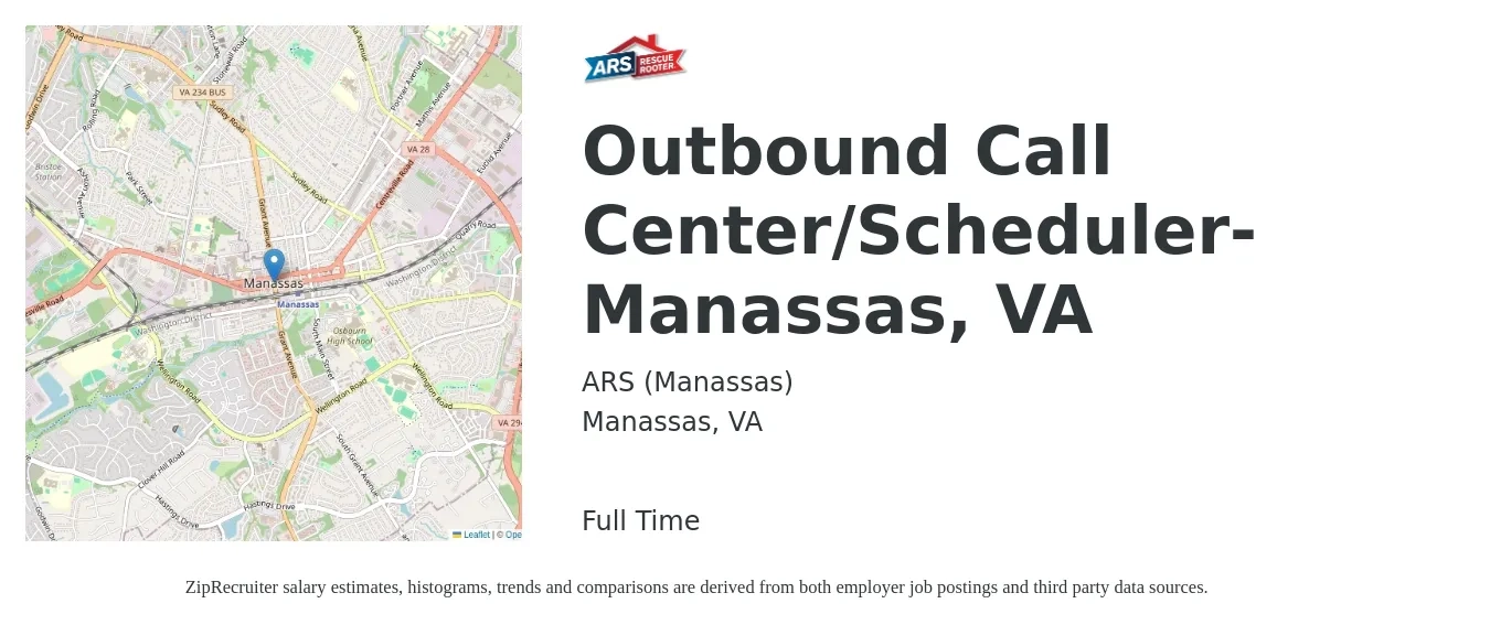 ARS (Manassas) job posting for a Outbound Call Center/Scheduler-Manassas, VA in Manassas, VA with a salary of $15 to $22 Hourly with a map of Manassas location.