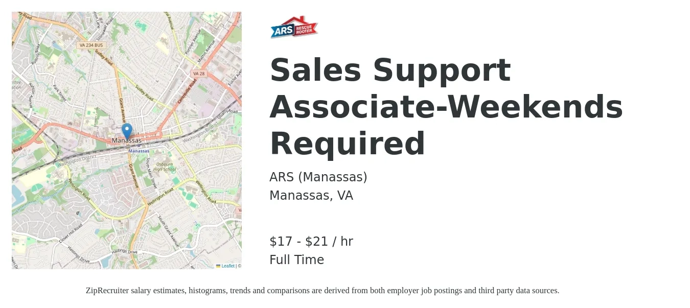 ARS (Manassas) job posting for a Sales Support Associate-Weekends Required in Manassas, VA with a salary of $18 to $22 Hourly with a map of Manassas location.