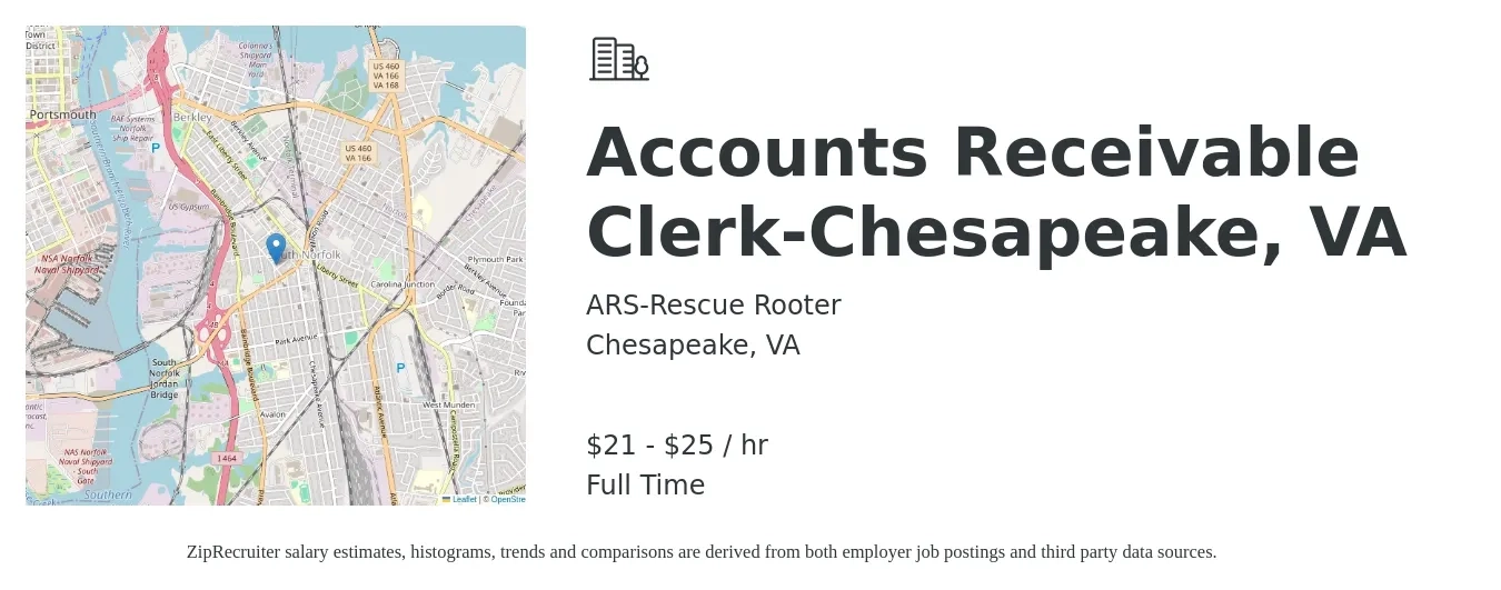 ARS-Rescue Rooter job posting for a Accounts Receivable Clerk-Chesapeake, VA in Chesapeake, VA with a salary of $22 to $26 Hourly with a map of Chesapeake location.