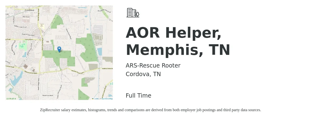 ARS-Rescue Rooter job posting for a AOR Helper, Memphis, TN in Cordova, TN with a salary of $14 to $18 Hourly with a map of Cordova location.