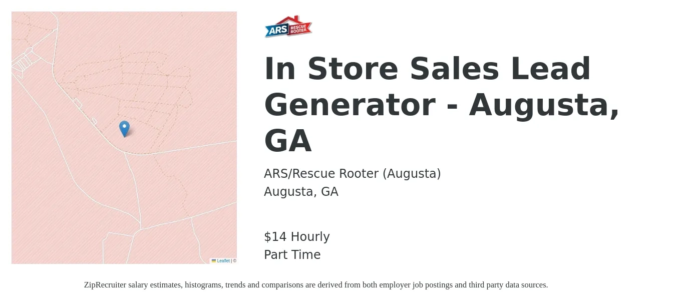 ARS/Rescue Rooter (Augusta) job posting for a In Store Sales Lead Generator - Augusta, GA in Augusta, GA with a salary of $15 Hourly with a map of Augusta location.