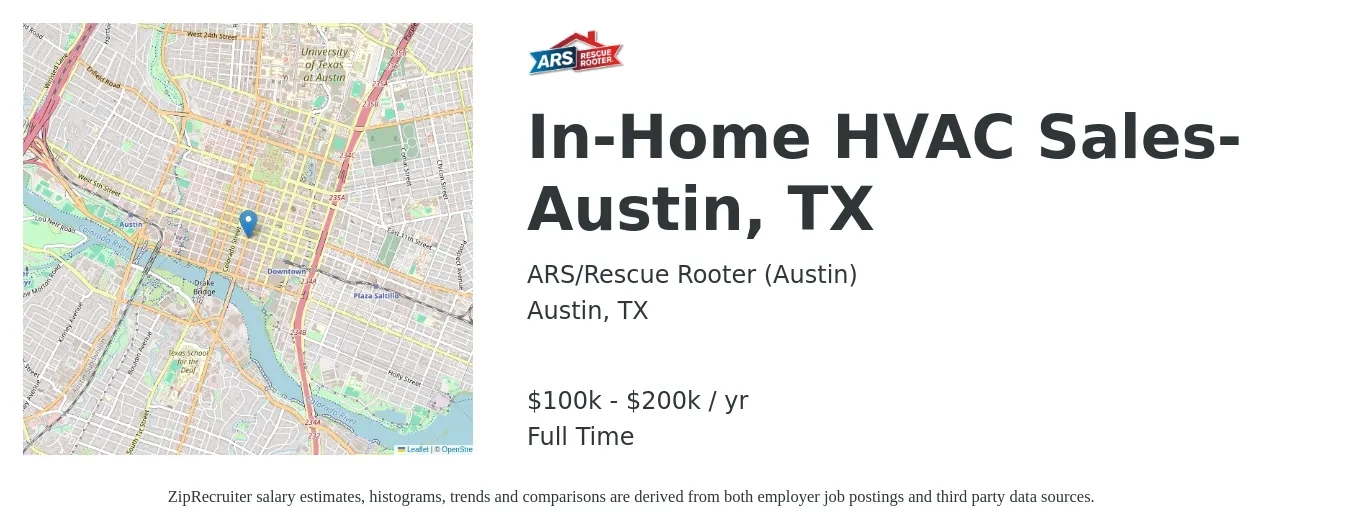ARS-Rescue Rooter job posting for a In-Home HVAC Sales-Austin, TX in Austin, TX with a salary of $100,000 to $200,000 Yearly with a map of Austin location.
