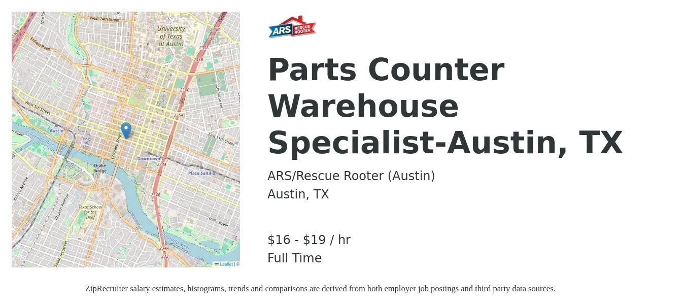 ARS-Rescue Rooter job posting for a Parts Counter Warehouse Specialist-Austin, TX in Austin, TX with a salary of $17 to $20 Hourly with a map of Austin location.