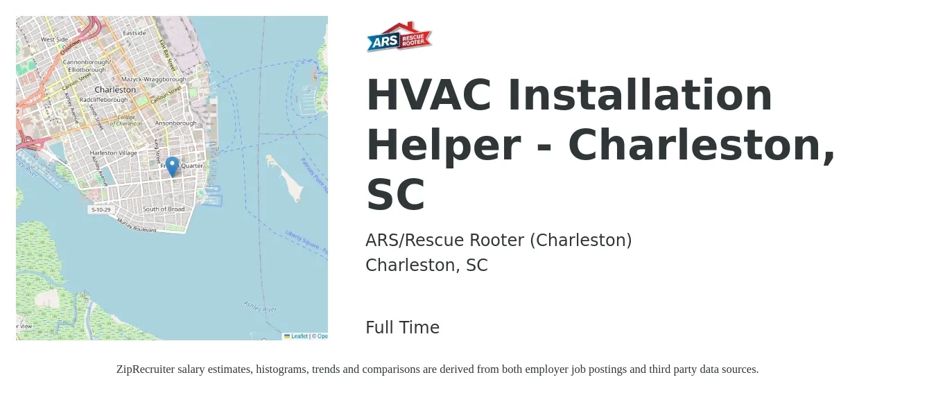 ARS-Rescue Rooter job posting for a HVAC Installation Helper - Charleston, SC in Charleston, SC with a salary of $15 to $19 Hourly with a map of Charleston location.
