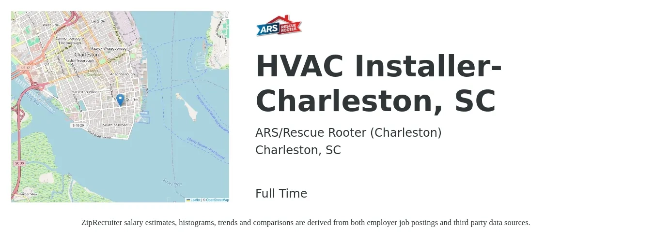 ARS-Rescue Rooter job posting for a HVAC Installer- Charleston, SC in Charleston, SC with a salary of $20 to $30 Hourly with a map of Charleston location.