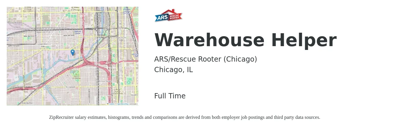 ARS-Rescue Rooter job posting for a Warehouse Helper in Chicago, IL with a salary of $16 to $19 Hourly with a map of Chicago location.