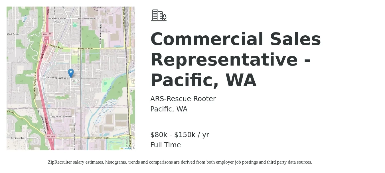 ARS-Rescue Rooter job posting for a Commercial Sales Representative - Pacific, WA in Pacific, WA with a salary of $80,000 to $150,000 Yearly with a map of Pacific location.