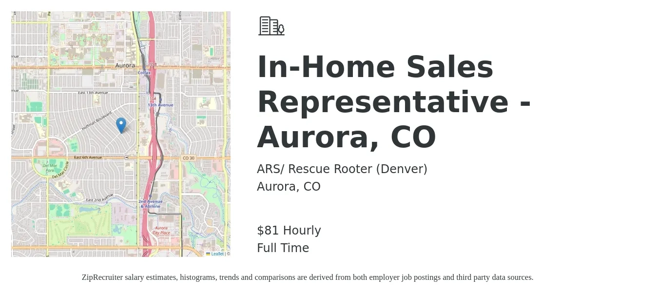 ARS-Rescue Rooter job posting for a In-Home Sales Representative - Aurora, CO in Aurora, CO with a salary of $80,500 to $144,200 Yearly with a map of Aurora location.