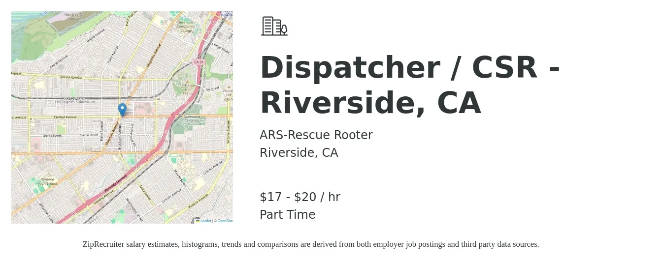ARS-Rescue Rooter job posting for a Dispatcher / CSR - Riverside, CA in Riverside, CA with a salary of $18 to $21 Hourly with a map of Riverside location.