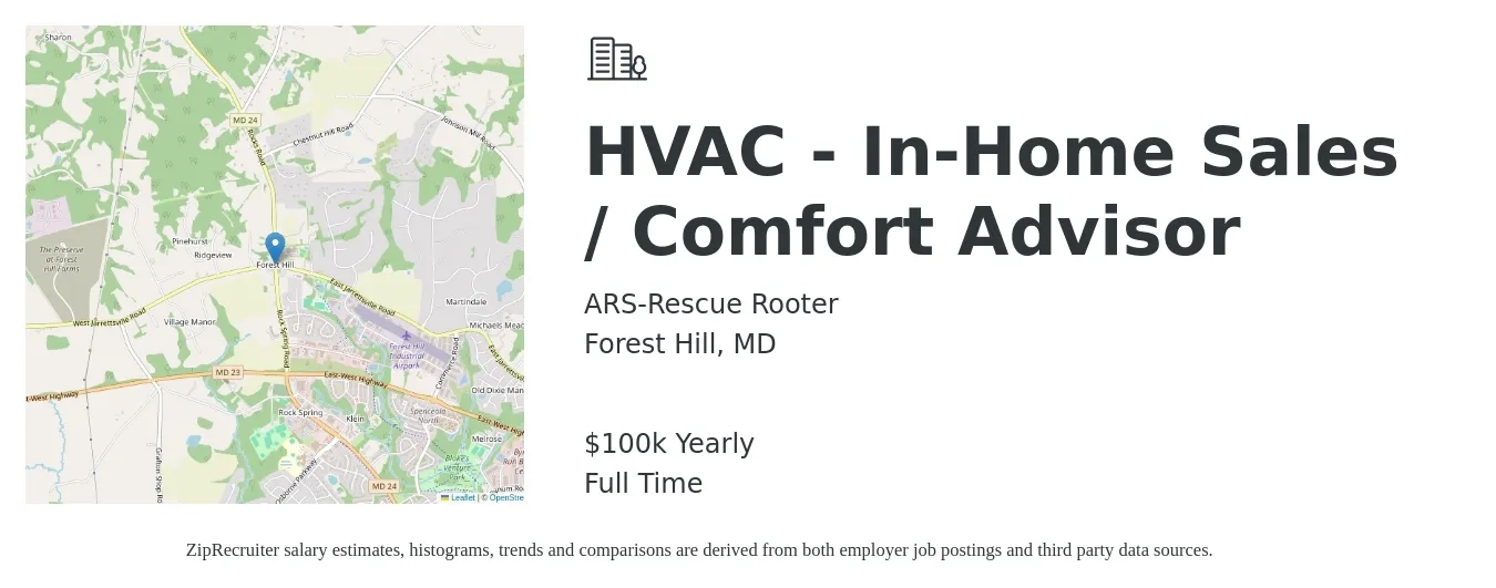 ARS-Rescue Rooter job posting for a HVAC - In-Home Sales / Comfort Advisor in Forest Hill, MD with a salary of $100,000 Yearly with a map of Forest Hill location.