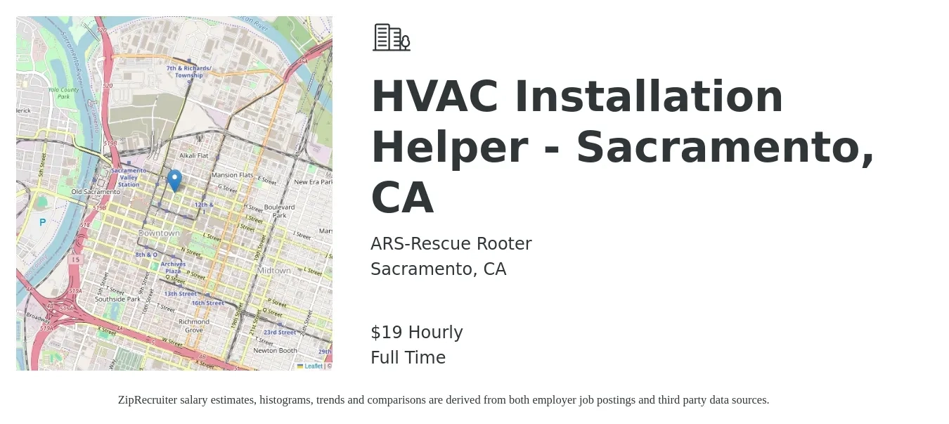 ARS-Rescue Rooter job posting for a HVAC Installation Helper - Sacramento, CA in Sacramento, CA with a salary of $20 Hourly with a map of Sacramento location.