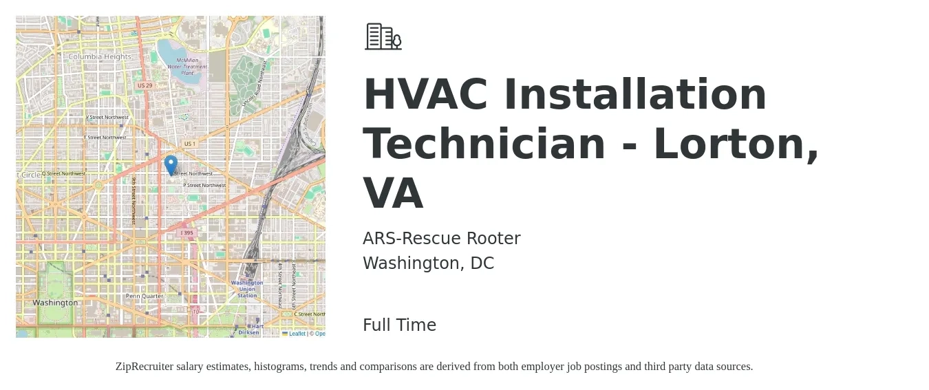 ARS-Rescue Rooter job posting for a HVAC Installation Technician - Lorton, VA in Washington, DC with a salary of $24 to $37 Hourly with a map of Washington location.
