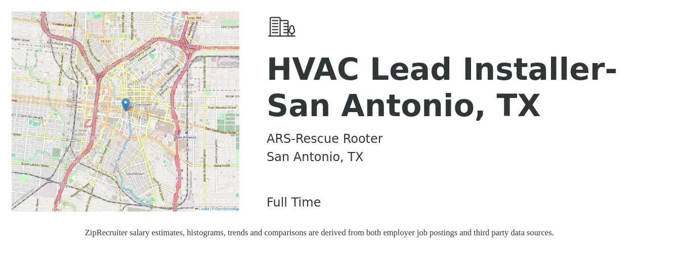 ARS-Rescue Rooter job posting for a HVAC Lead Installer- San Antonio, TX in San Antonio, TX with a salary of $20 to $29 Hourly with a map of San Antonio location.