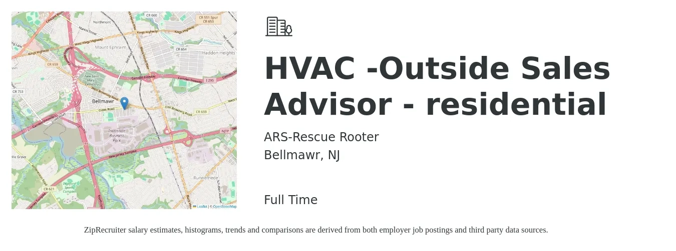 ARS-Rescue Rooter job posting for a HVAC -Outside Sales Advisor - residential in Bellmawr, NJ with a salary of $54,700 to $93,700 Yearly with a map of Bellmawr location.