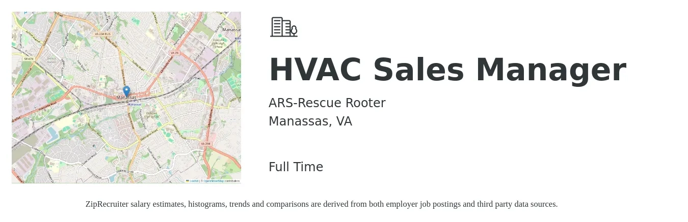 ARS-Rescue Rooter job posting for a HVAC Sales Manager in Manassas, VA with a salary of $42,700 to $75,900 Yearly with a map of Manassas location.