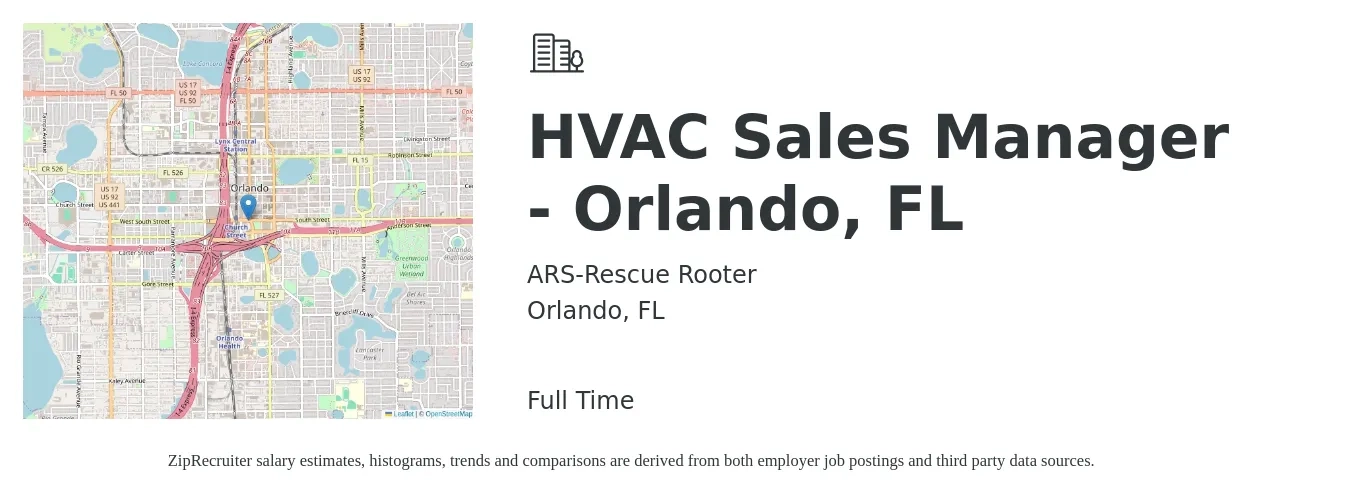 ARS-Rescue Rooter job posting for a HVAC Sales Manager - Orlando, FL in Orlando, FL with a salary of $42,000 to $74,700 Yearly with a map of Orlando location.