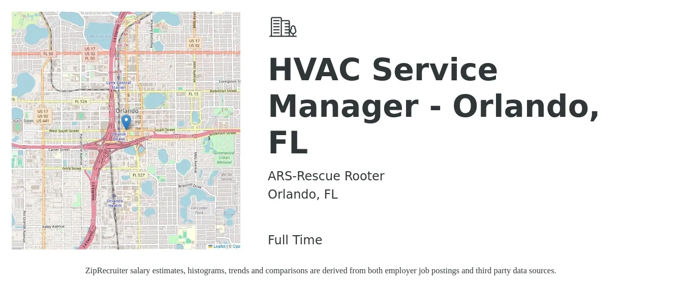 ARS-Rescue Rooter job posting for a HVAC Service Manager - Orlando, FL in Orlando, FL with a salary of $62,500 to $91,500 Yearly with a map of Orlando location.
