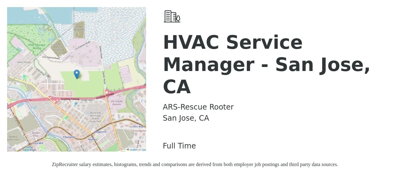 ARS-Rescue Rooter job posting for a HVAC Service Manager - San Jose, CA in San Jose, CA with a salary of $76,700 to $112,200 Yearly with a map of San Jose location.