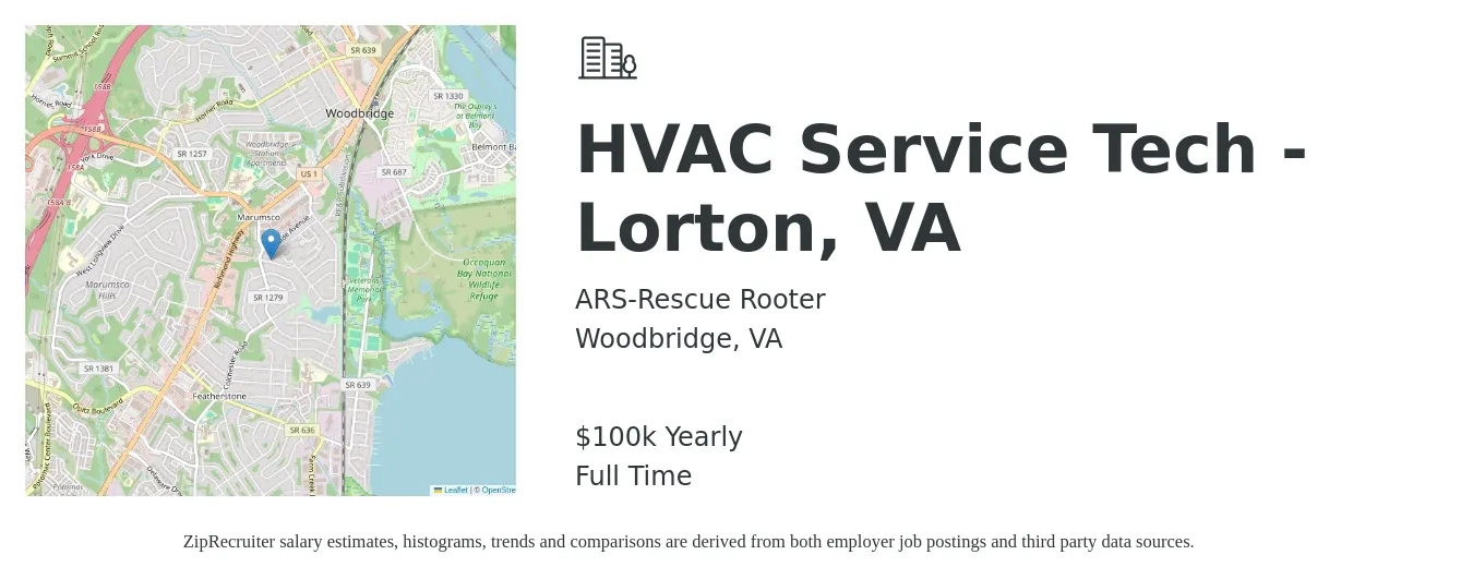 ARS-Rescue Rooter job posting for a HVAC Service Tech - Lorton, VA in Woodbridge, VA with a salary of $100,000 Yearly with a map of Woodbridge location.