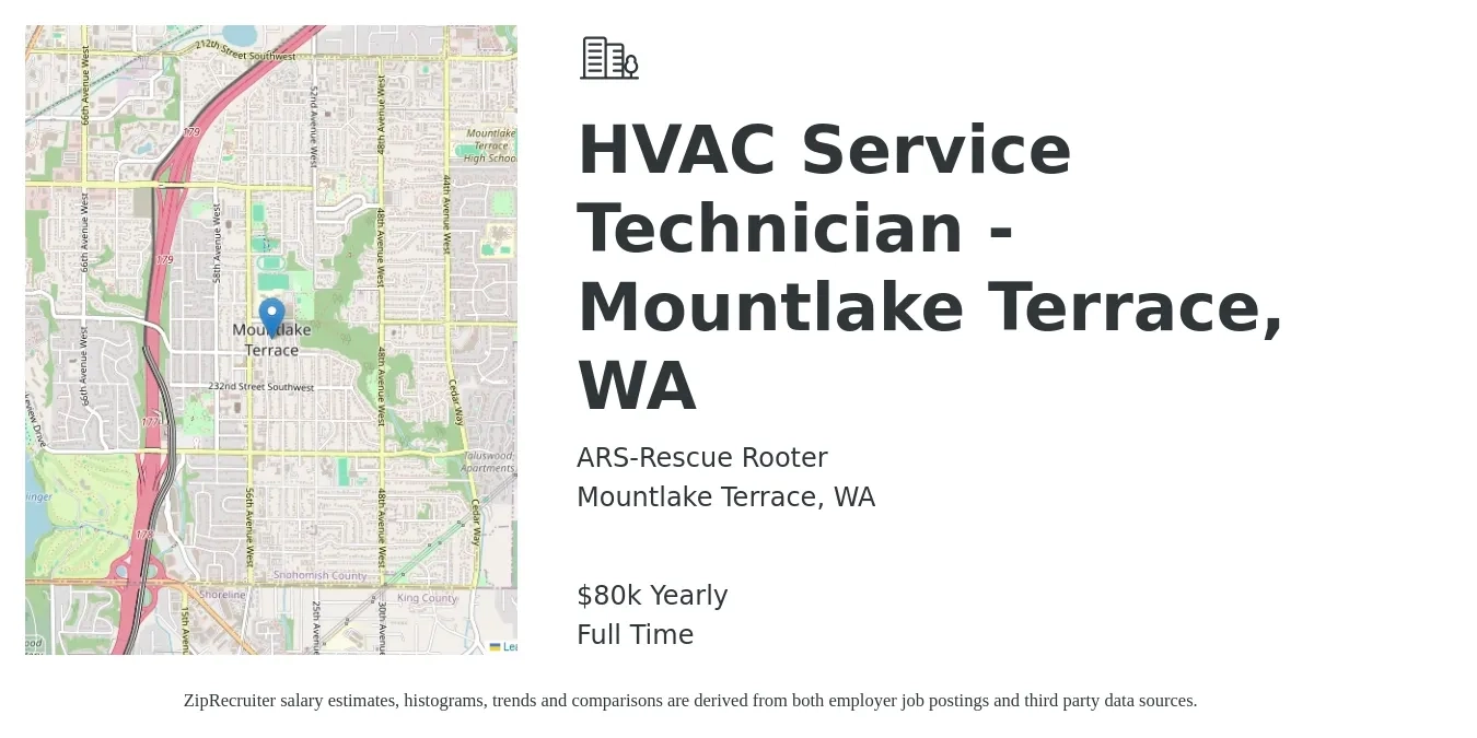 ARS-Rescue Rooter job posting for a HVAC Service Technician - Mountlake Terrace, WA in Mountlake Terrace, WA with a salary of $80,000 Yearly with a map of Mountlake Terrace location.