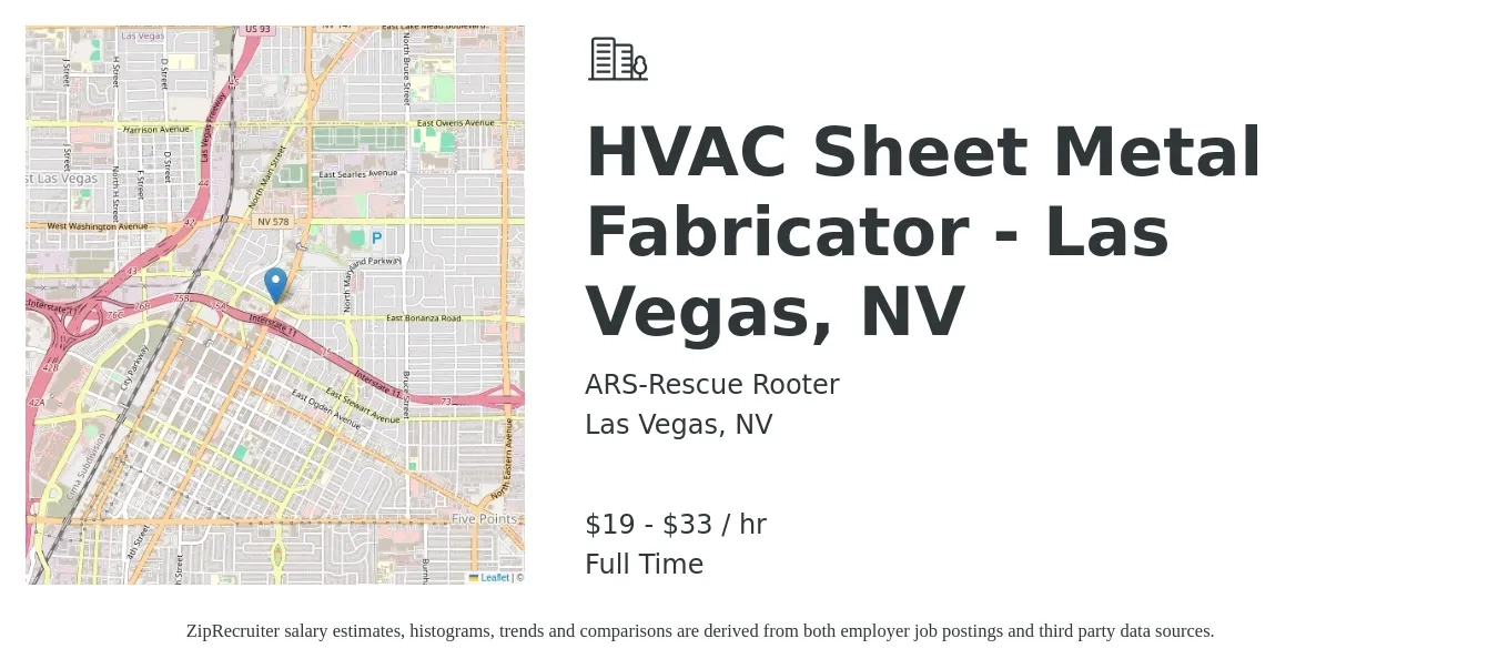 ARS-Rescue Rooter job posting for a HVAC Sheet Metal Fabricator - Las Vegas, NV in Las Vegas, NV with a salary of $20 to $35 Hourly with a map of Las Vegas location.