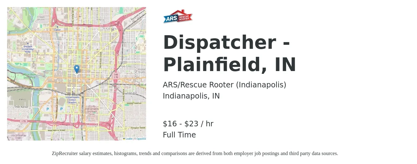 ARS/Rescue Rooter (Indianapolis) job posting for a Dispatcher - Plainfield, IN in Indianapolis, IN with a salary of $17 to $24 Hourly with a map of Indianapolis location.