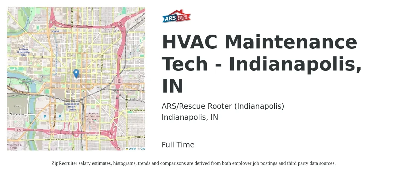 ARS/Rescue Rooter (Indianapolis) job posting for a HVAC Maintenance Tech - Indianapolis, IN in Indianapolis, IN with a salary of $18 to $23 Hourly with a map of Indianapolis location.