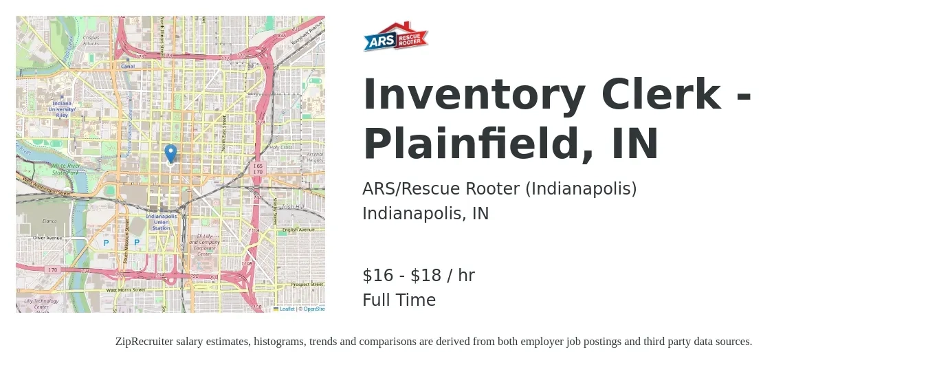 ARS/Rescue Rooter (Indianapolis) job posting for a Inventory Clerk - Plainfield, IN in Indianapolis, IN with a salary of $17 to $19 Hourly with a map of Indianapolis location.